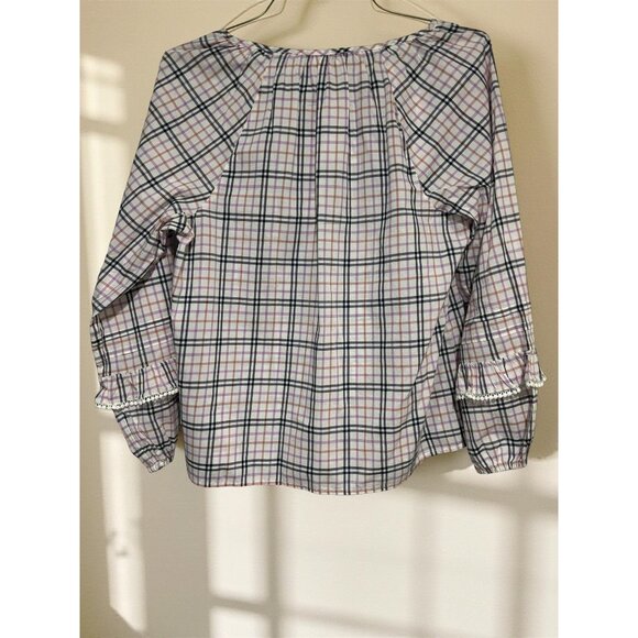 J.Crew Plaid Long-Sleeve Blouse With Ruffle Details Size M Cotton Blend Womens C - Picture 4 of 5